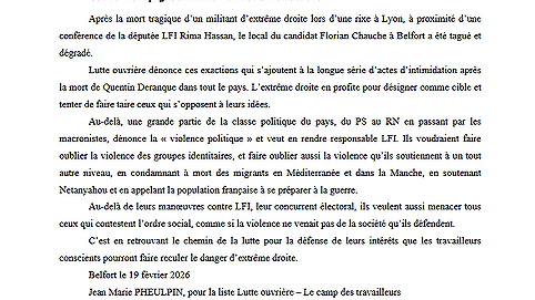 Illustration - Communiqué de Jean-Marie Pheulpin, qui dirige la liste : "Lutte Ouvrière, le camp des travailleurs" à Belfort